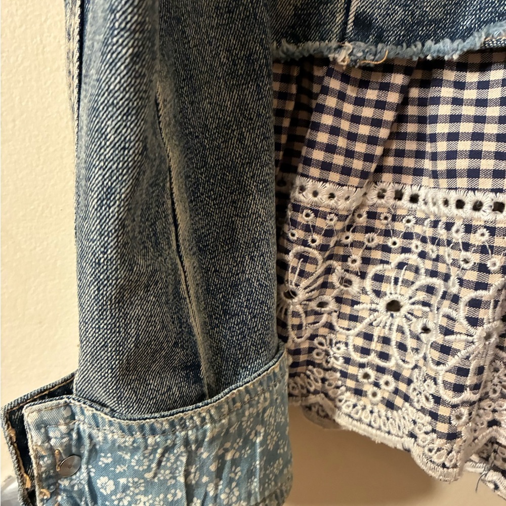 Anthropologie Pilcro & the Letterpress Denim Jacket Gingham Embroidered Lace S - Picture 6 of 12
